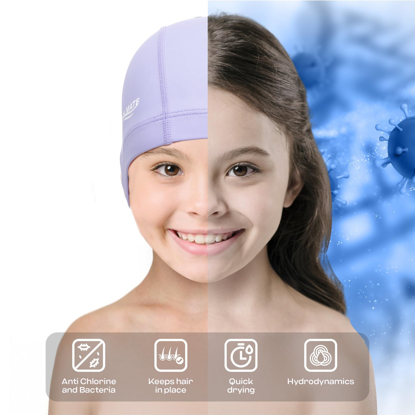 COOLMATE Fabric Swim Cap for Kid 3 4 6 8 14 16, Silicone Waterproof Layer, Cloth Swim Cap for Boy, Girl, Youth, Lightweight and Comfortable, Perfect for Pool, Beach, Lap Swimming (Light Purple, S)